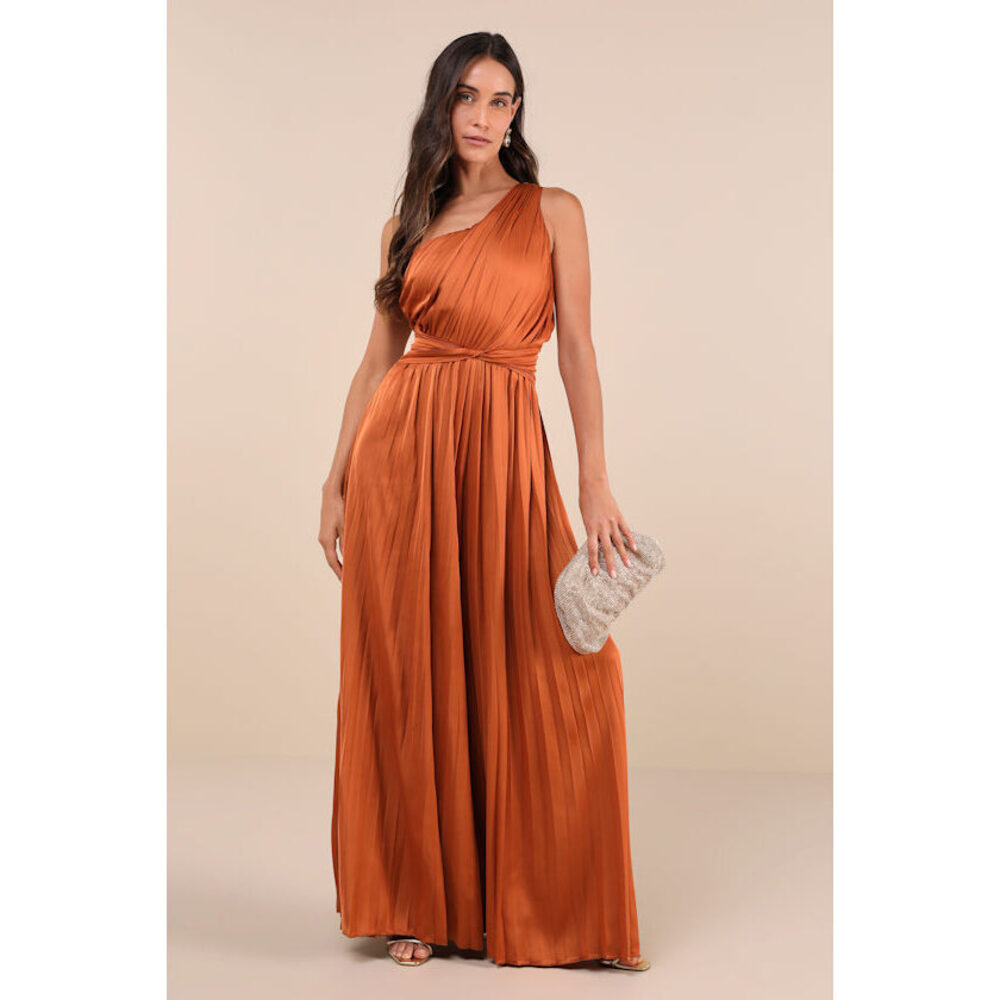 Lulus Exquisite Always Rust Orange Pleated Satin One-shoulder Jumpsuit - Size XS